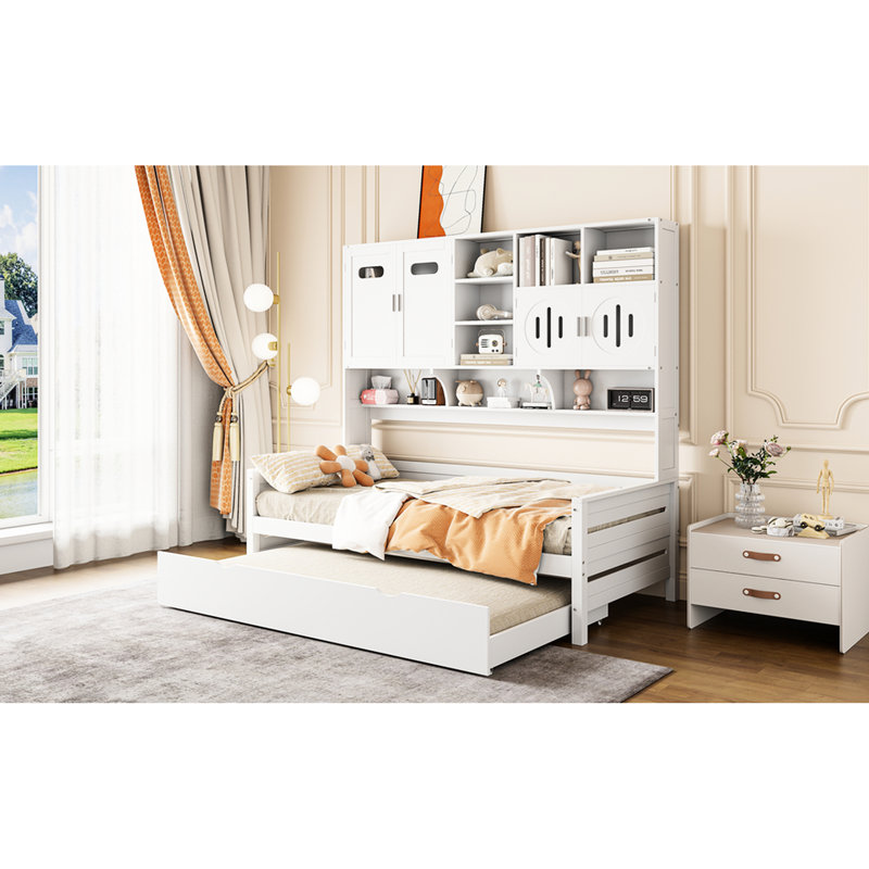 Daybed With Trundle And Functional Cabinet Shelf - Fashionable Structure Wood Compact, Twin, White