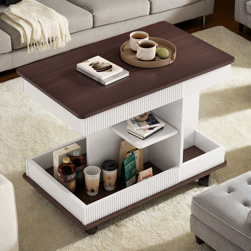 Adjustable End Table With Wheels, 360°rotating Top, Storage Space, Wood Grain Texture And Vertical Striped Design, White