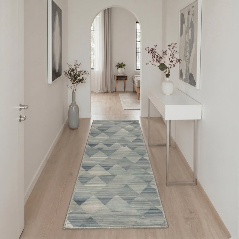 Coady Vertice Geometric Machine Washable Blue / Beige Indoor Area Rug with Non-Slip Backing, Runner 2' x 7'