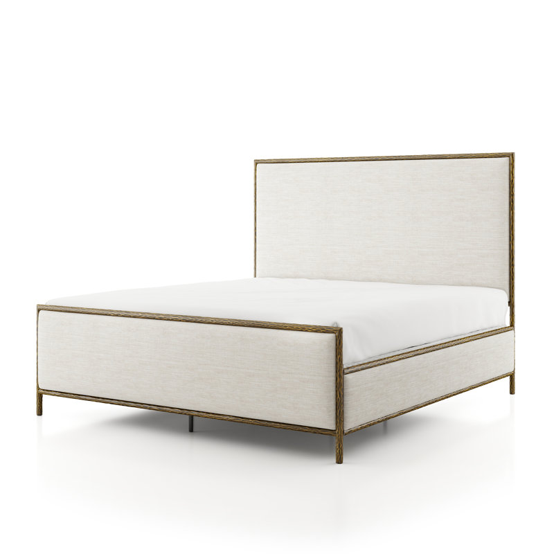 Lit à panneau tapissier en métal martelé beige Lalia, Or mat, Grand lit