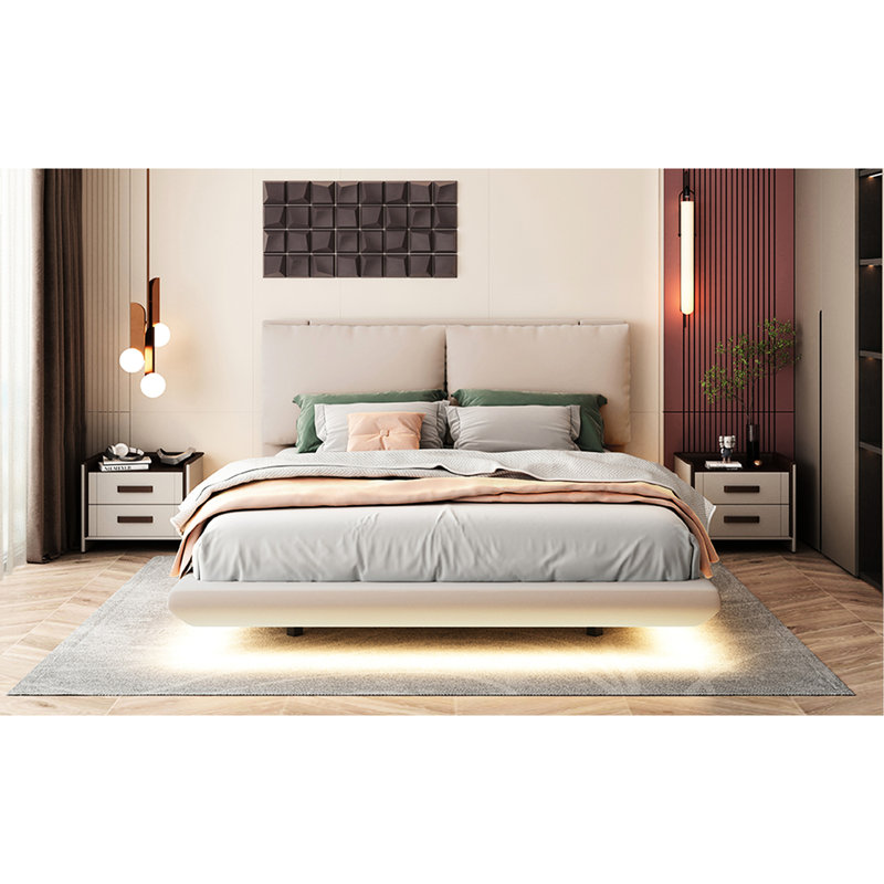 Élégant lit plateforme tapissier, grand, capteur, beige, 2 dossiers, lit de charge avec grand port et douille, délicat, Beige
