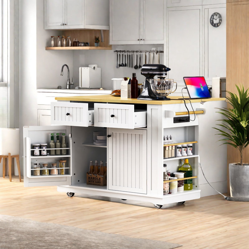 Large Rolling Kitchen Island With Drop Leaf, Power Outlet, Internal Storage Racks, 5 Open Side Racks, 2 Drawers, An Adjustable Shelf