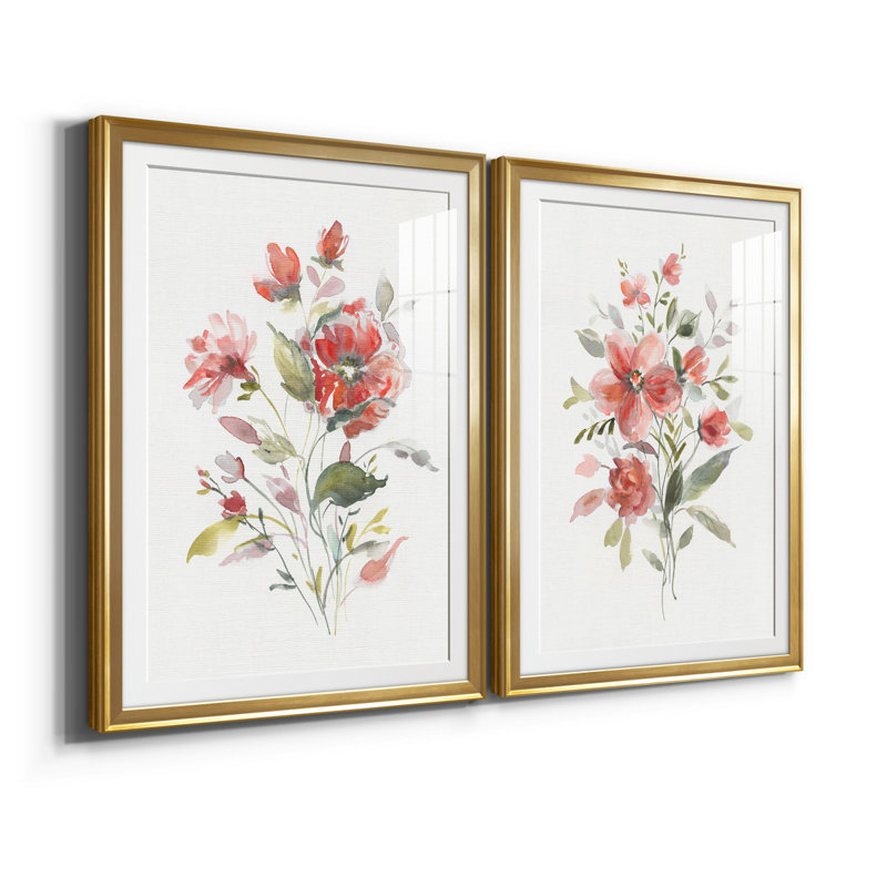 Lin corail botanique I - ensemble de 2 reproductions d'art, H 26,5 po x l 73 po x P 1,5 po, Papier encadré doré, Blanc