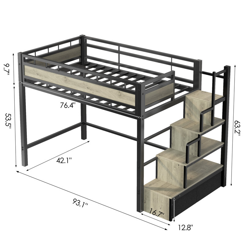 Lit mezzanine simple en bois avec rangement et escalier Mteal, Noir