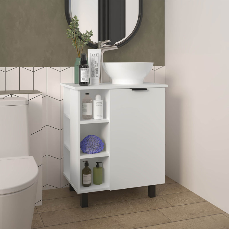 Meuble-lavabo blanc avec 1 porte et 8 tablettes de rangement, Blanc