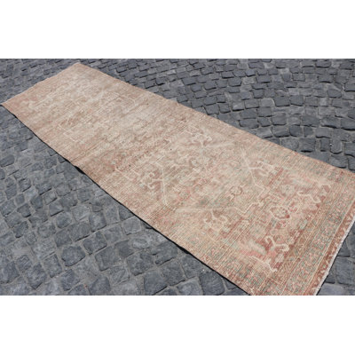 Vintage Turkish Oushak Runner Rug for Kitchen - Antique Wool Beige with Colorful Details