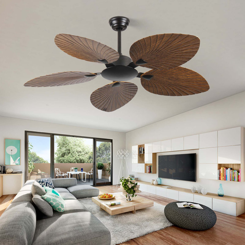 52" Tropical Ceiling Fan With 5 Palm Leaf Blades, Indoor Outdoor, Retro Brown, No Light