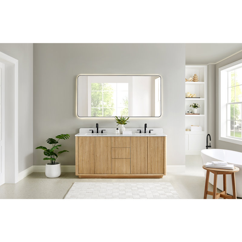 Meuble-lavabo double 72 po en brun clair délavé avec grain de pierre blanche et miroir Roland