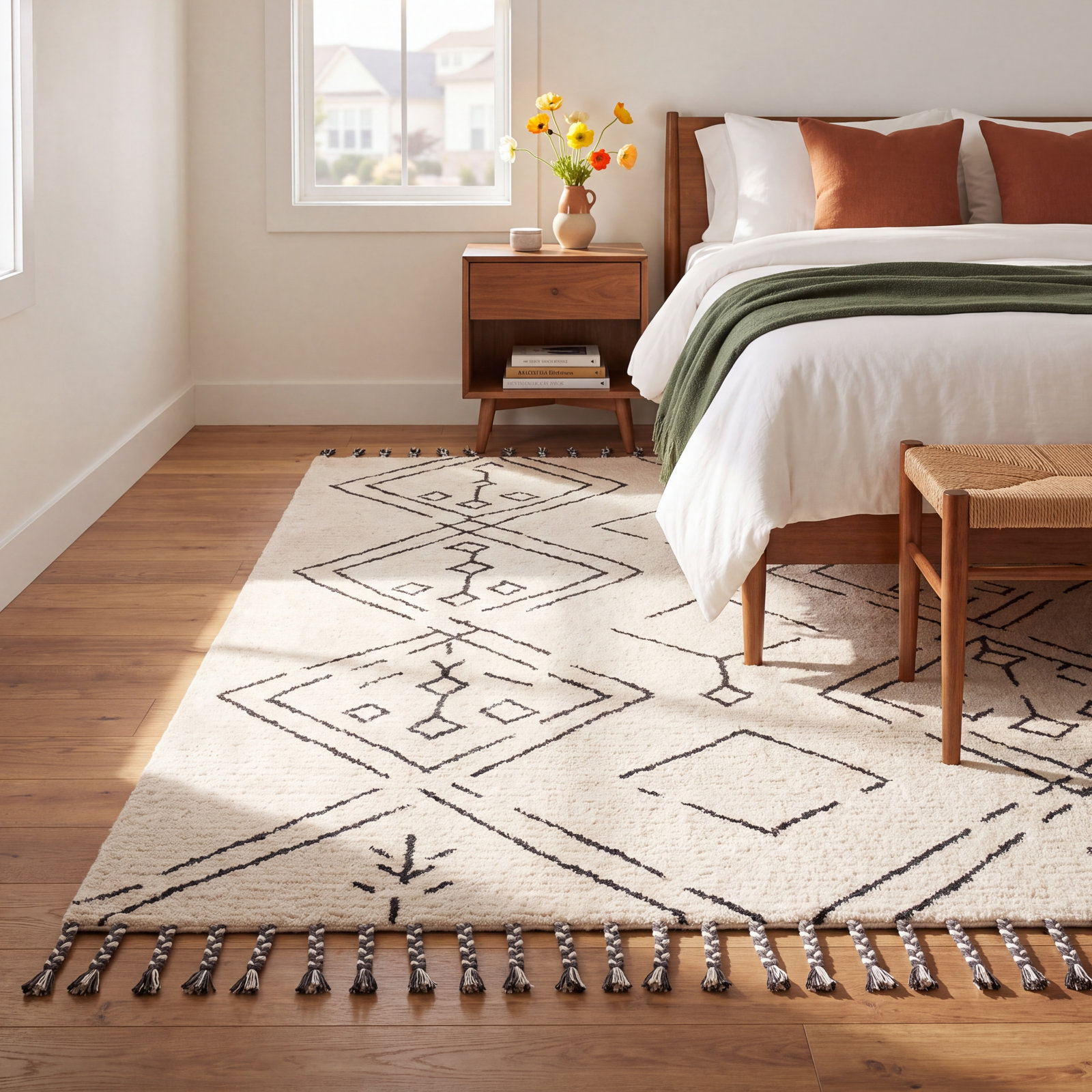 Ezzie Ivory Black Hand-Tufted Wool Moroccan Rug, Rectangle 8' x 10'