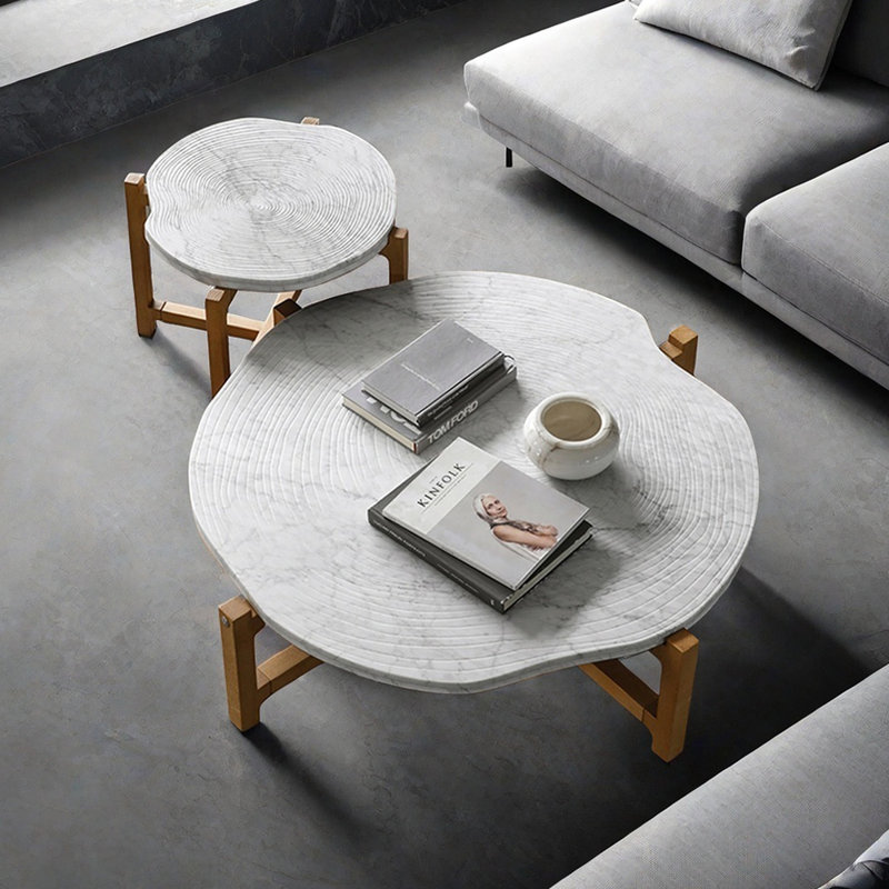 Table basse irrégulière en bois massif, Brun, Blanc / Blanc