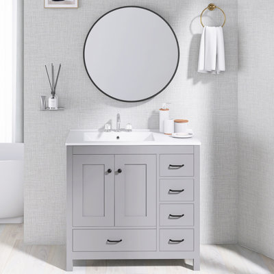 36 pouces Ensemble de meuble-lavabo autoportant gris avec lavabo en céramique | 2 portes à fermeture douce et 5 tiroirs | Espace de comptoir pratique