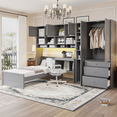 Lit plateforme en bois avec bureau, armoire, tiroirs et éclairage DEL Kelvor