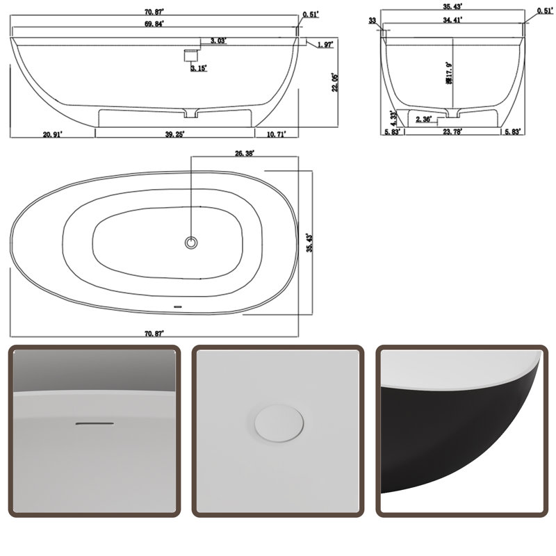 71'' x 35.4'' Solid Surface Bathtub