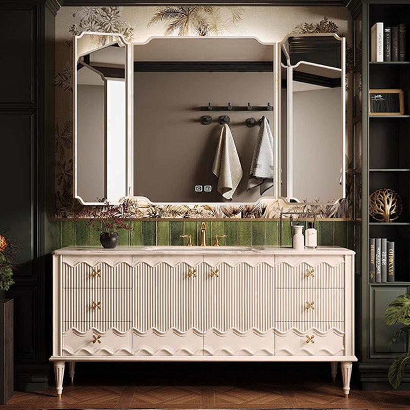 Armoire de salle de bain rétro sur pied, Blanc cassé, H 33,46 po x l 59,06 po x P 21,65 po
