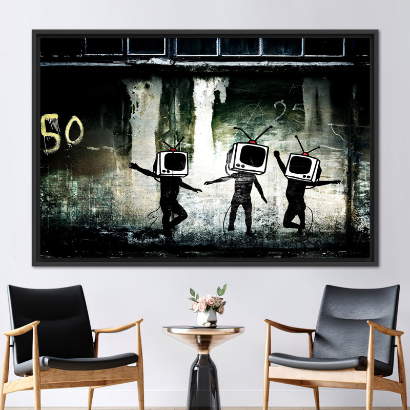 «Banksy Inspired Dancing TV Graffiti», art mural - Street Style, décoration murale pour maisons modernes, H 41 po x l 94 po