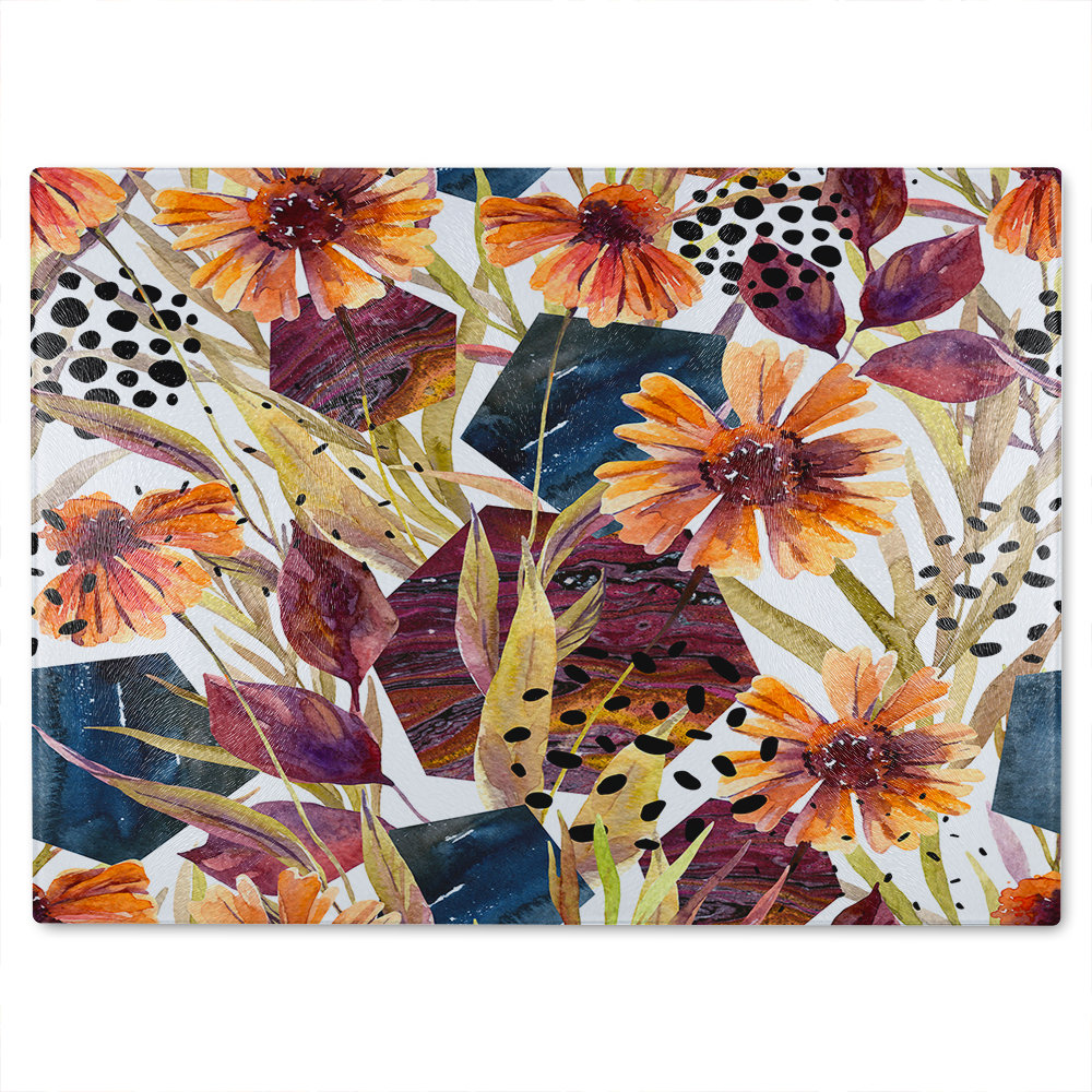 Autumn Geometric Flowers Glass Chopping Board