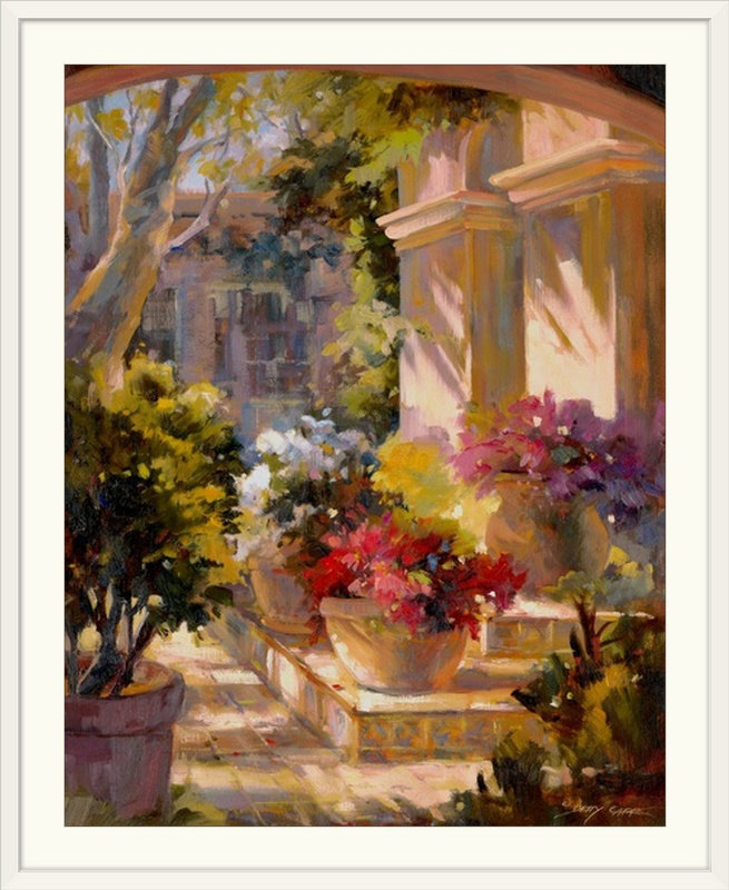 Reproduction d’art « floral Courtyard » par Betty Carr, Cadre blanc, H 23 po x l 20 po x P 1 po