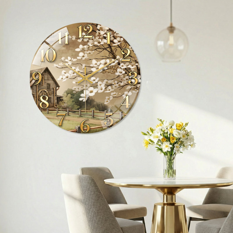 Horloge murale rustique moderne en verre Rustic Blossom, 60 x 60 cm (23,6 x 23,6 pouces)