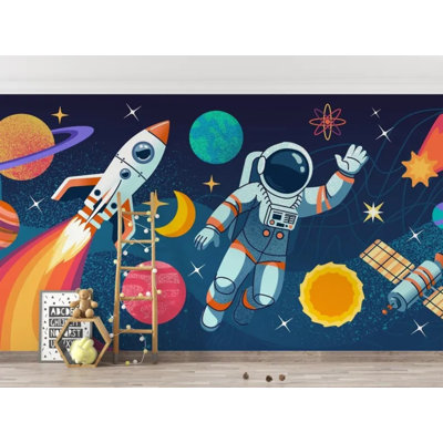 Kids Space Astronaut Rocket Planets Solar System Galaxy Stars Cartoon Wall Mural
