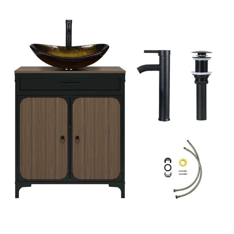Meuble-lavabo sur pied simple 30 po avec comptoir en bois manufacturé avec lavabo et robinet, Noir, Gold