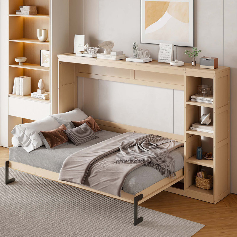 Murphy Bed With Bookshelf, Natural, Full