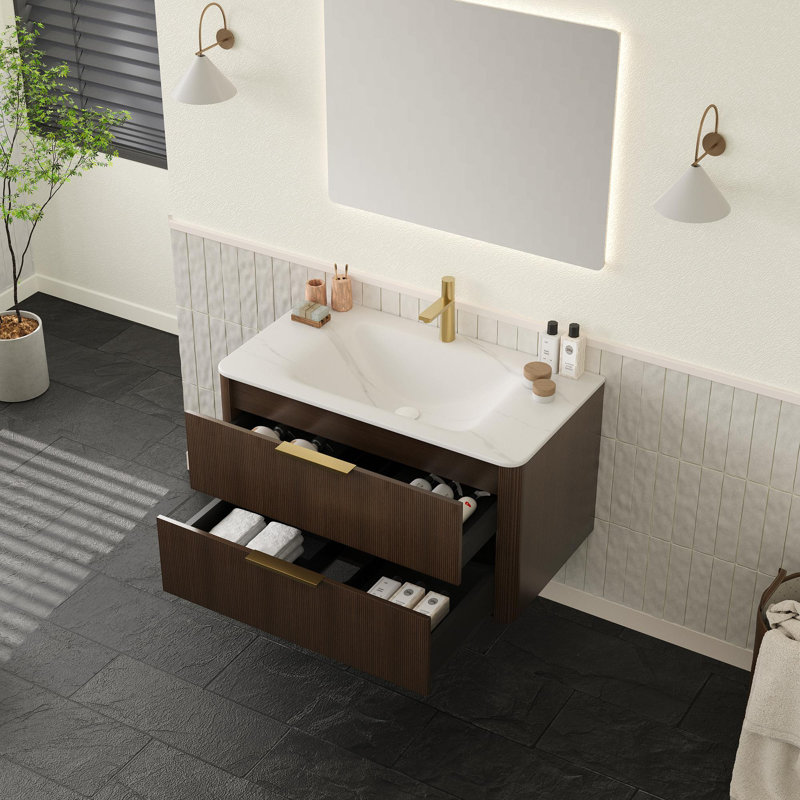 Meuble-lavabo 36 po avec lavabo en pierre frittée, Noyer, 36"