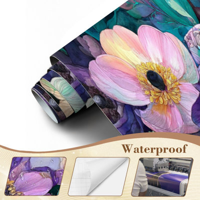 Adhésif mural Peel and Stick L 69 po x l 96 po pour chambre à coucher avec aquarelle de jardin sous l'eau bleu sarcelle lavande