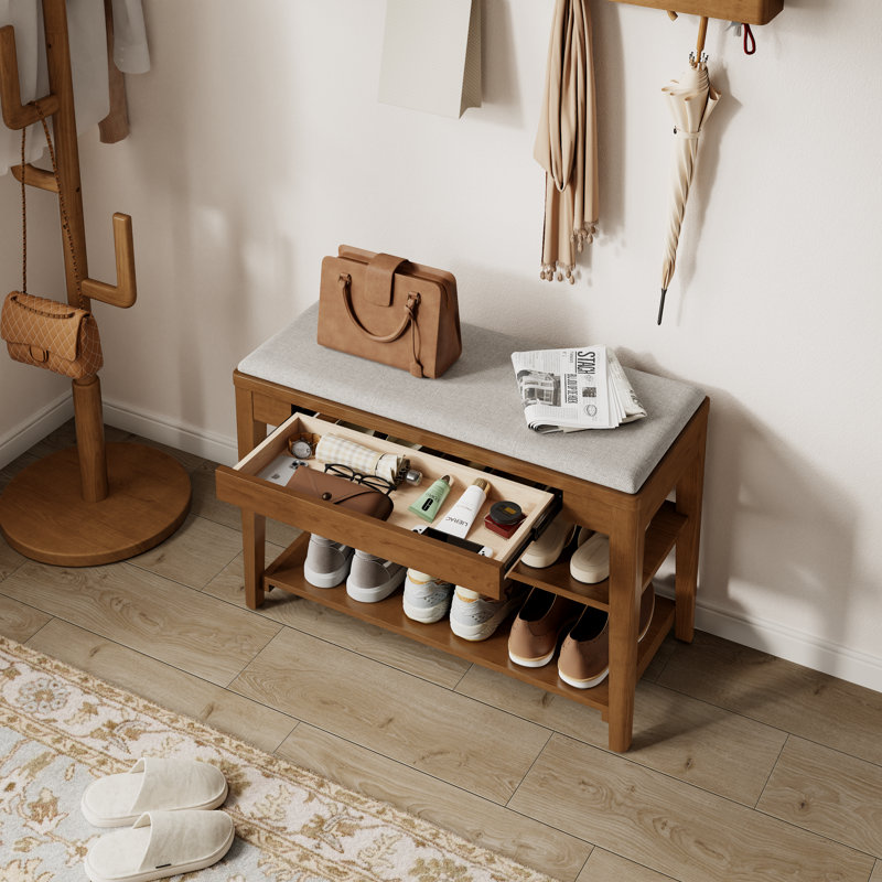 Bancs d'entrée en bois massif à 2 niveaux avec tiroirs et coussins rembourrés Addisin Adryell - Rangement pour chaussures confortables