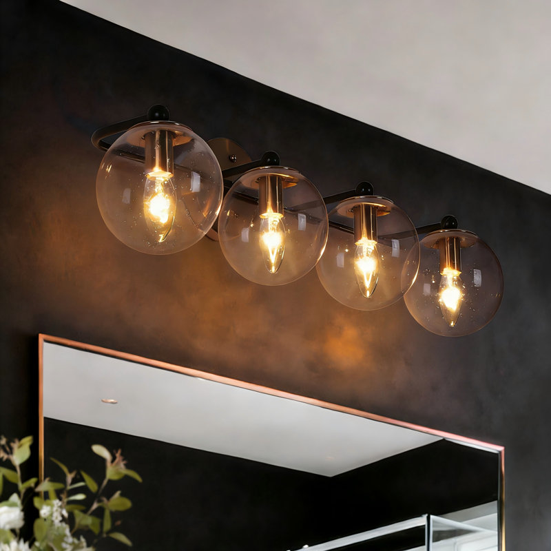 Mansurah 3-Light Dimmable Globe Vanity Light  with Seeded Glass, 4, Brass/Black