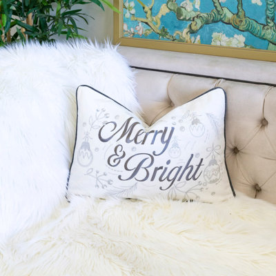 Coussin Merry & Bright Christmas - coussin lombaire en velours brodé blanc et argent 14 po x 20 po