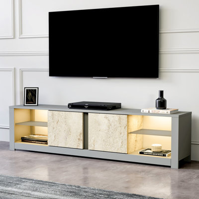 Meuble télé moderne avec option de fixation murale, gris et travertin, 70,9 po x 17,7 po x 13,8 po | 100% panneau de particules enduit de mélamine, épaisseur: 0,7 pouce | Plusieurs tablettes pour le rangement, design élégant en marbre