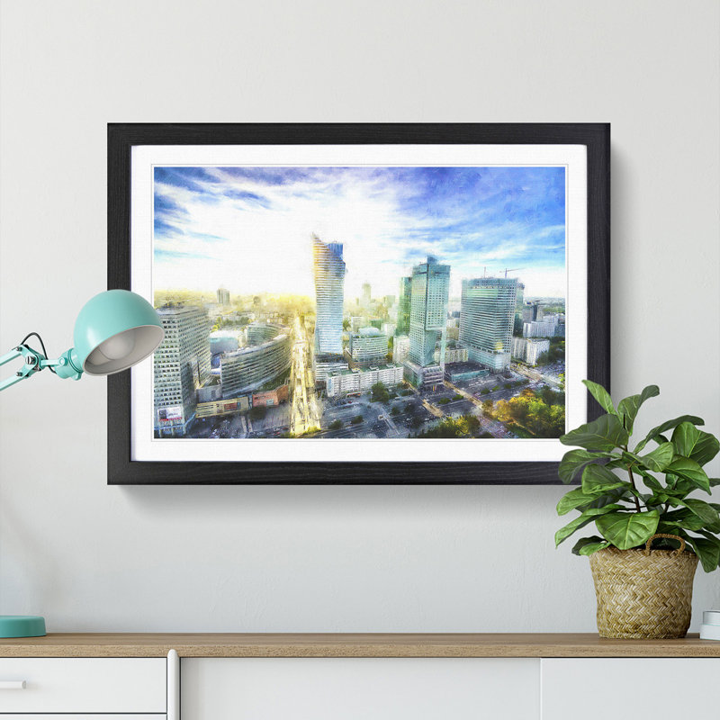 Skyline of Warsaw in Poland - Picture Frame Painting Print, 33cm H x 45cm W x 2cm D, Black Framed