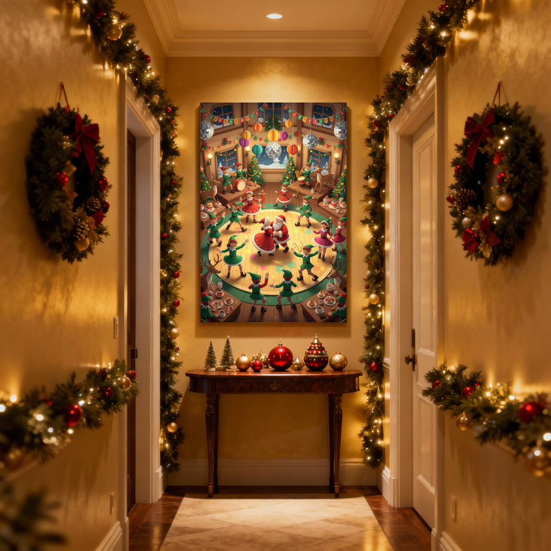 «Christmas Christmas Elves Dancing With Santa», ensemble de 3 impressions sur toile, H 24 po x l 16 po