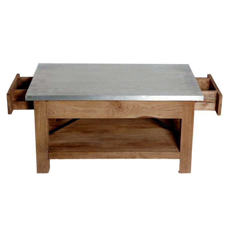 Industrial Gray Mango Wood and Steel Coffee Table with Shelf