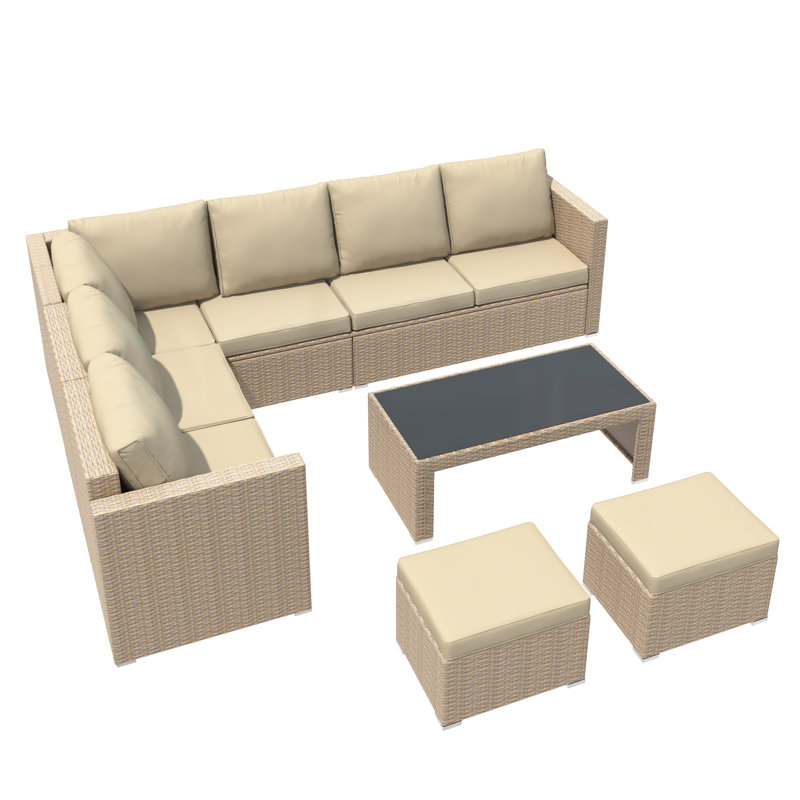 Outdoor Conversation Set 5 Places With L Shape Sofa, 2 Stools And 1 Coffee Table Khaki