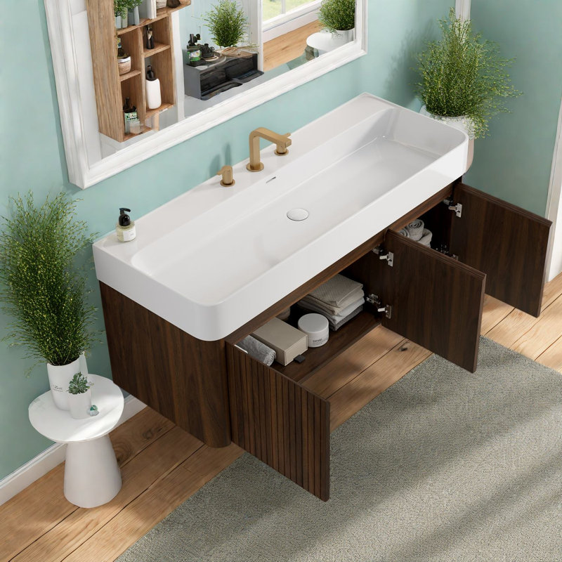 Meubles-lavabos modernes (incluant le meuble et le lavabo) 48 pouces en noyer, suspendus, 47.24
