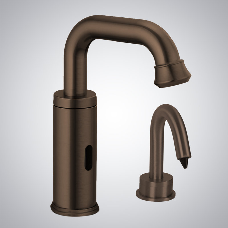 Robinet à capteur automatique sans contact en bronze huilé clair avec distributeur de savon assorti