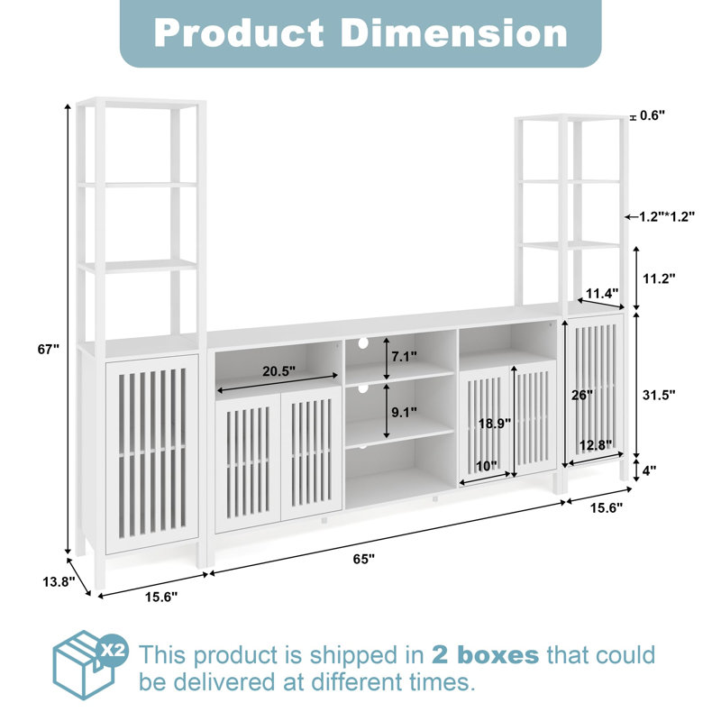 3-Piece Large TV Stand for TVs up to 70", Entertainment Center with Modular Bookshelves Cabinet, Doors & Shelves, White