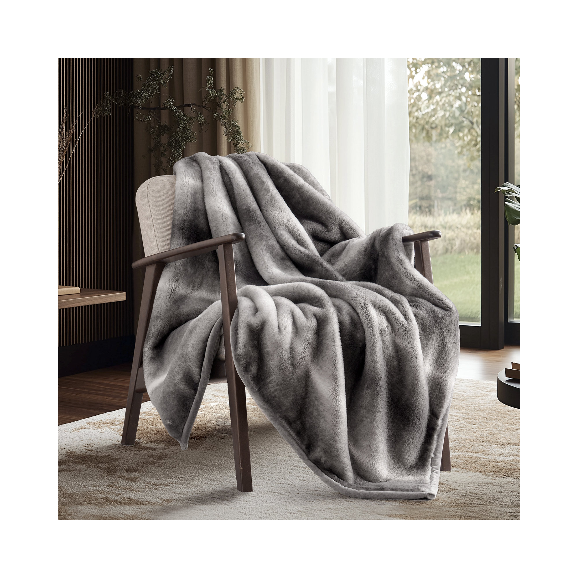 Luxury Mink Faux Fur Throw Blanket, 60" W x 80" L, Ombré Silver Onyx
