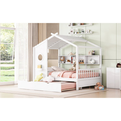 Modern White Full Size Wooden House Bed With Trundle, Storage Shelf For ' Room, Playhouse Functionality, Cozy Sleeping Corner, 78"l X 58"w 72"h Design Trundle , Shelf, Play Area, Semi - Enclosed