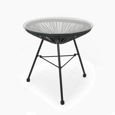 Rattan Side Table With Tempered Glass Top, Perfect For Outdoor Decor And Summer Entertaining.