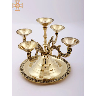 6" Handcrafted Brass 5-Arm Candle Holder – Classic Tree-Branch Candelabra & Diya Stand for Tabletop Decor​