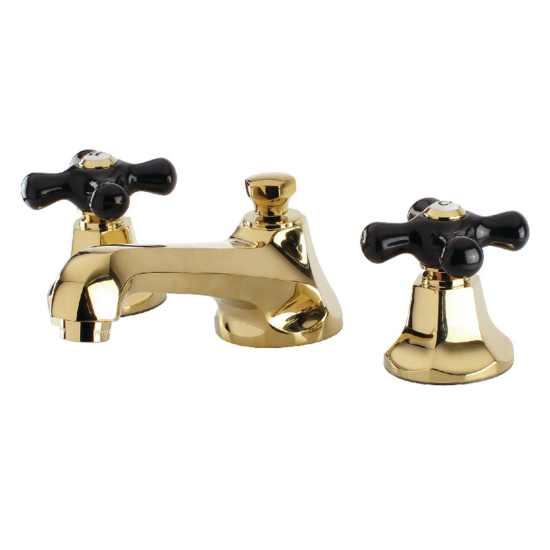 Kingston Brass Duchess Two-Handle 3-Hole Deck Mount Widespread Bathroom Faucet with Brass Pop-Up Drain, Polished Brass