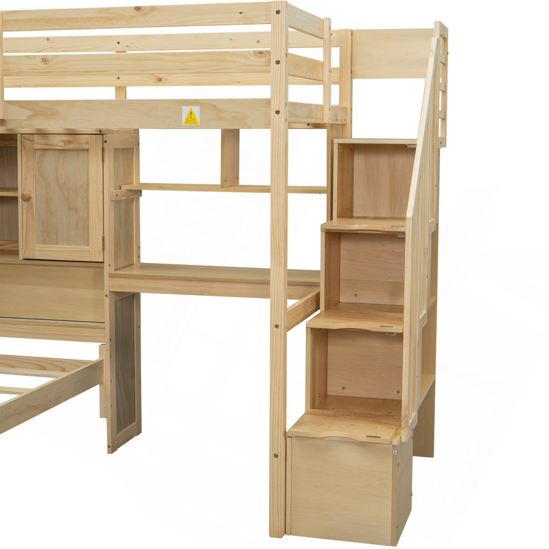 Lit mezzanine simple au-dessus de simple avec bureau intégré et escalier, avec compartiments de rangement et tablettes, naturel