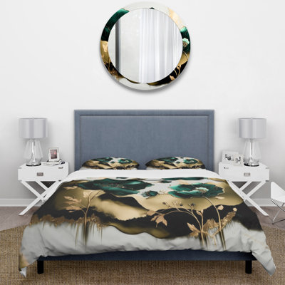 Gold And Green Poppy Floral Euphoria II - Poppies Duvet Cover Set - Microfiber Polyester