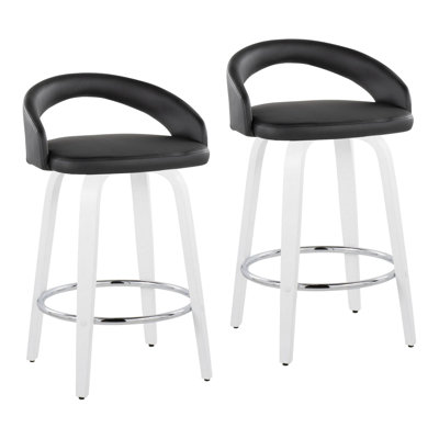 Tabouret de bar à hauteur fixe avec pivot en bois blanc et similicuir noir avec repose-pieds rond chromé - ensemble de 2