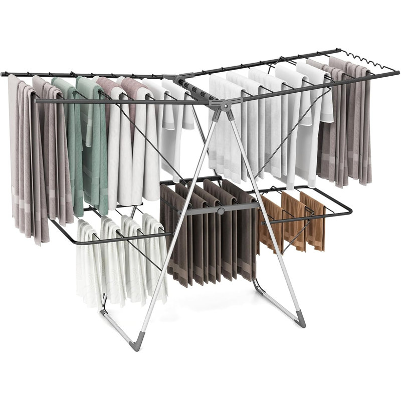 Séchoir à vêtements, séchoir à linge pliable avec 33 rails de séchage, hauteur réglable sur 3 niveaux, pinces polyvalentes, barres en forme de vague, séchoir pliant pour l'intérieur et l'extérieur