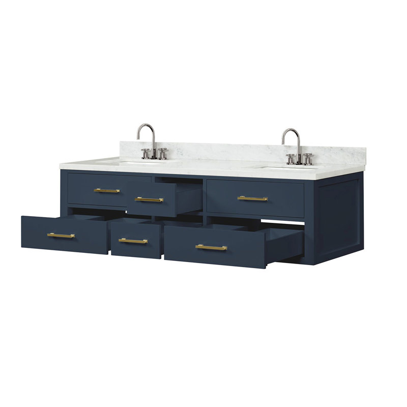 Ensemble de meuble-lavabo double avec plateau en marbre de Carrare et robinet, Bleu