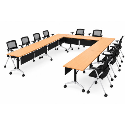 Tables de formation mobiles commerciales avec chaises de travail gigognes intégrées | Ensemble de 5 tables et 10 chaises | Tables gigognes pliables de 80 po | Mobilier de salle de conférence et de classe | Hêtre | Sièges 10