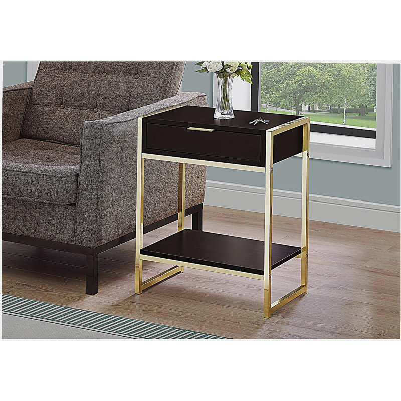 Table décorative, table d'appoint, table de chevet, éclairage, tiroirs de rangement, salon, chambre à coucher, aspect bois brun, métal doré, moderne, moderne